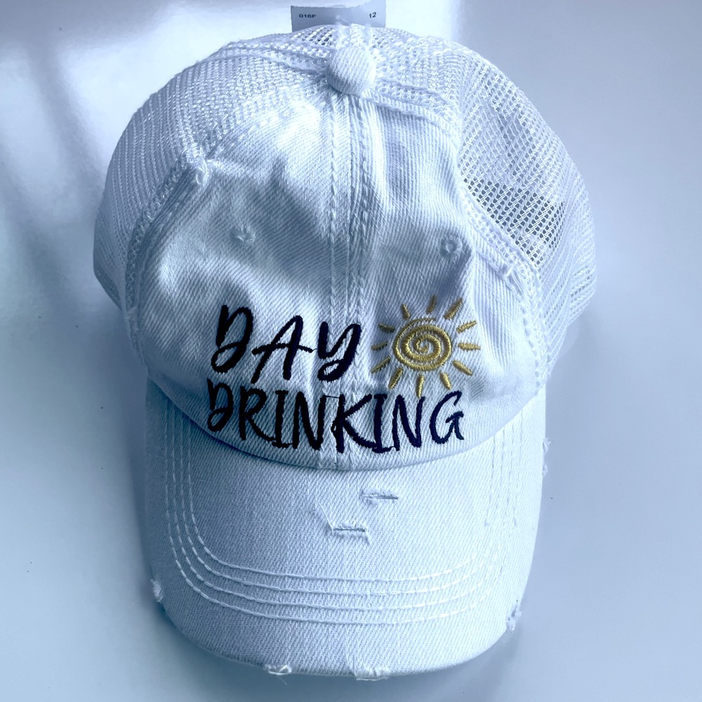 Day Drinking Distressed embroidered Strapback Adjustable Hat Cap White One s